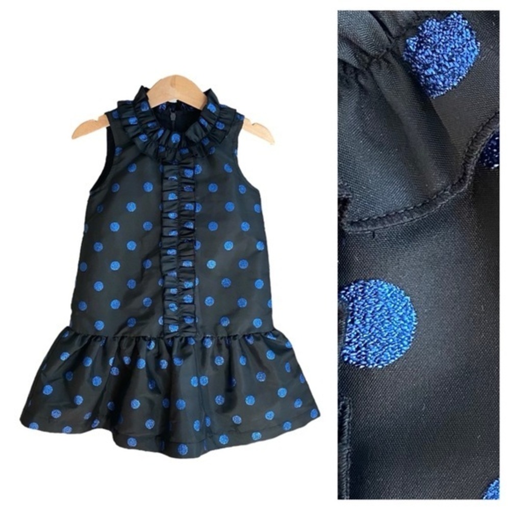 Little Marc Jacobs Black Metallic Blue Embroidered Dot Ruffle Dress 4t